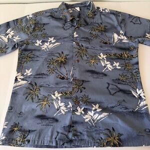 Palmwave Hawaii Men's XL Blue Tropical Map Print Button Up Shirt 100% Cotton